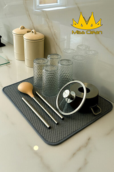 Gri Renk Mikrofiber Bulaşık Kurulama Matı Kurutma Örtüsü Tezgah Üstü Süper Emici 36*45 Cm