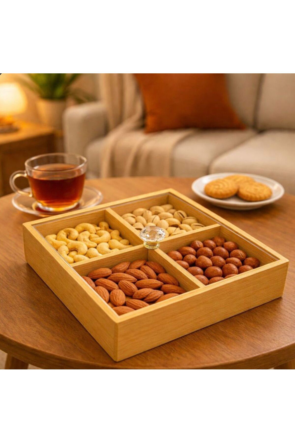 Bambu Kare 4 Bölmeli Çerezlik - Kahvaltılık - Takı Kutusu