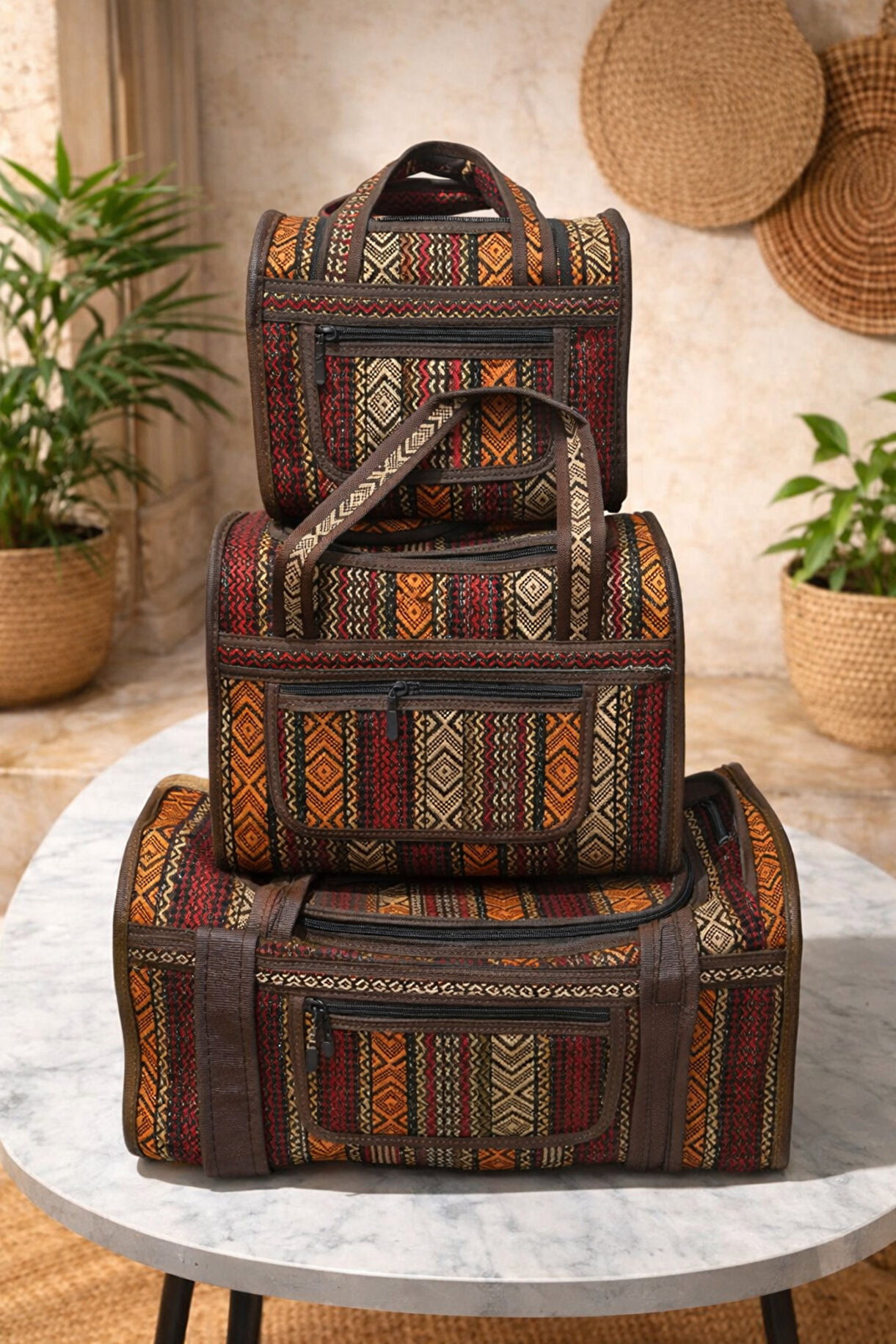 İran Desenli 3'Lü Hasır Çanta