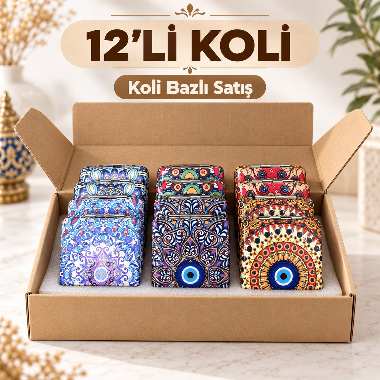 Karışık Etnik Desenli Cep Aynası 12 Adet ( KOLİ )